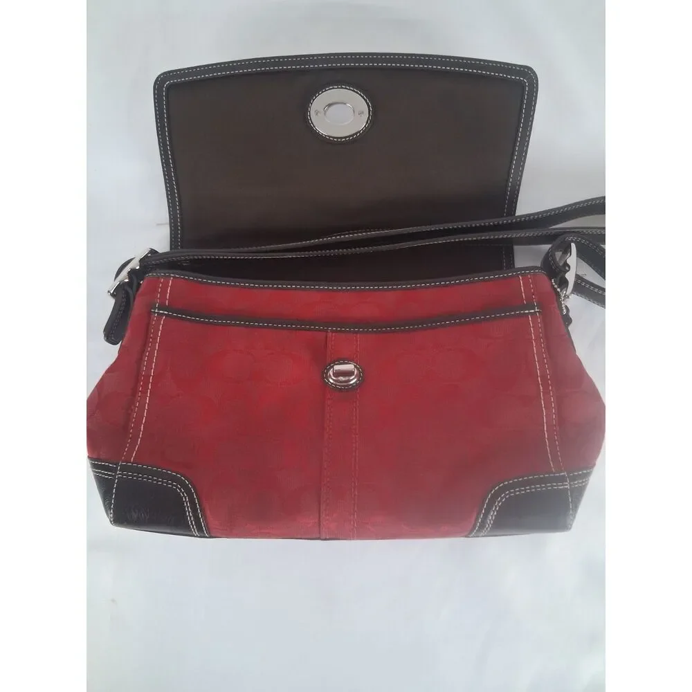 Coach Red Signature Jacquard Flap Crossbody Shoulder Bag Brown Leather F13947